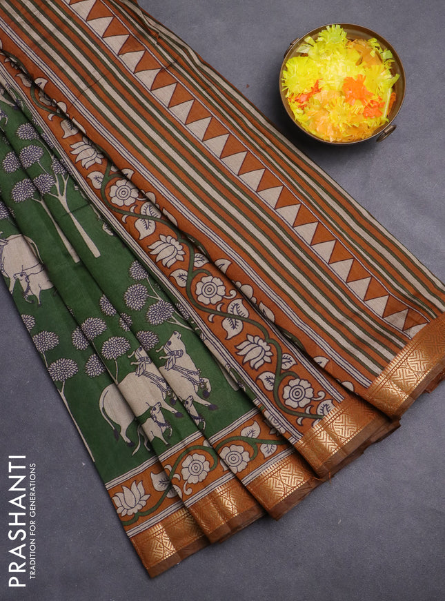 Maheshwari cotton saree sap green and dark mustard with allover pichwai prints and zari woven border