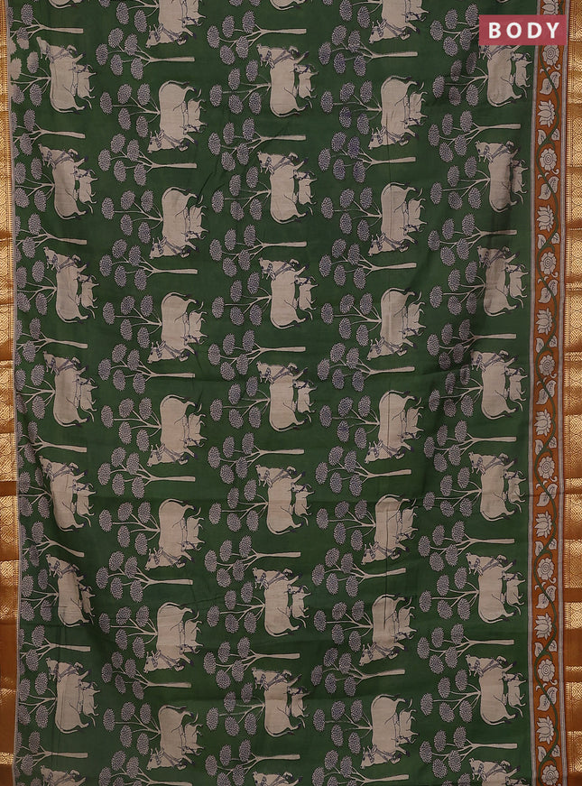 Maheshwari cotton saree sap green and dark mustard with allover pichwai prints and zari woven border