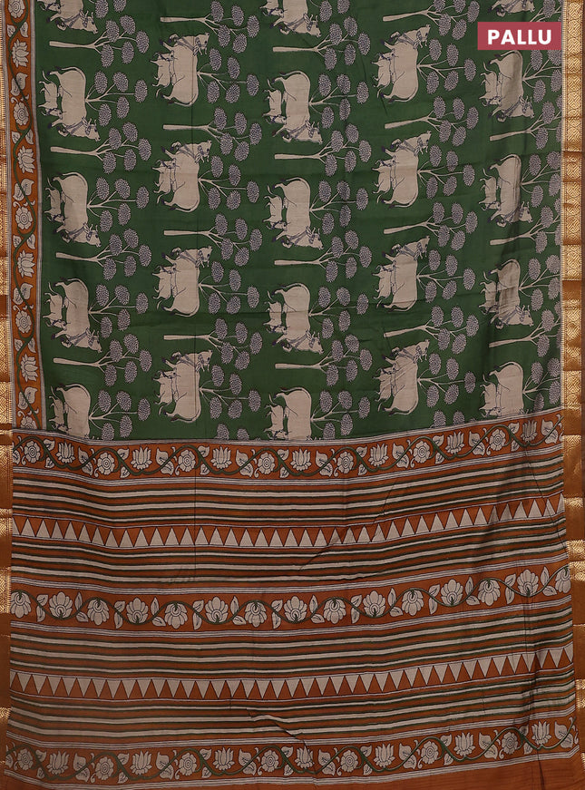 Maheshwari cotton saree sap green and dark mustard with allover pichwai prints and zari woven border