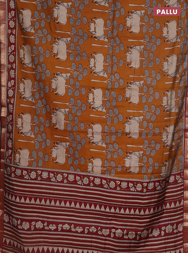 Maheshwari cotton saree dark mustard and maroon with allover pichwai prints and zari woven border