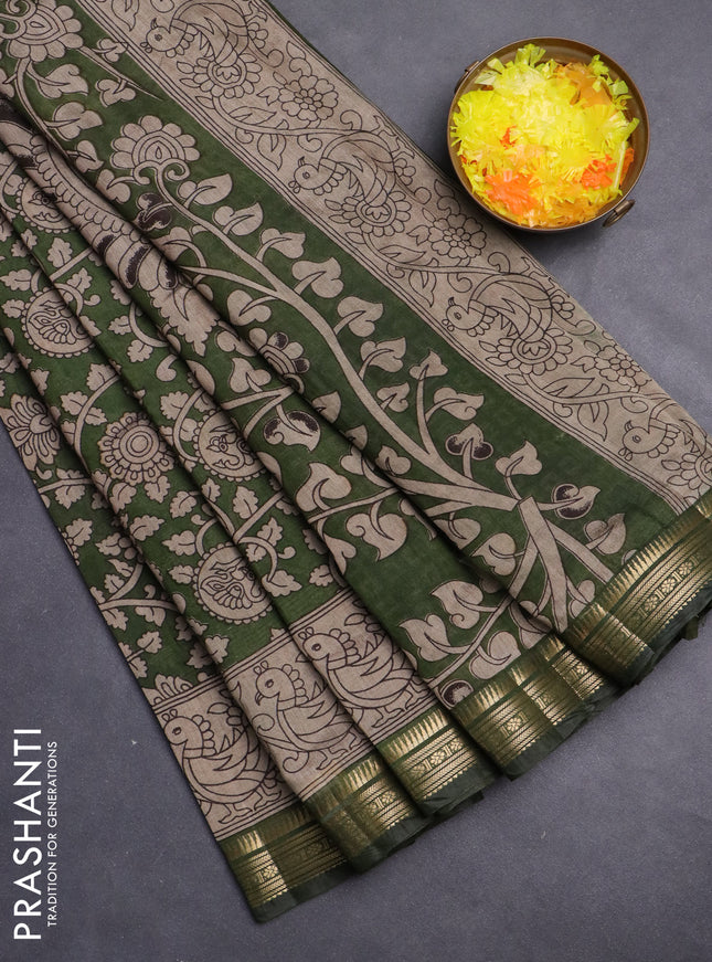 Maheshwari cotton saree green and beige with kalamkari prints and zari woven border