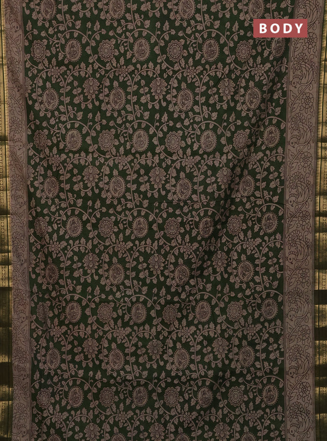 Maheshwari cotton saree green and beige with kalamkari prints and zari woven border