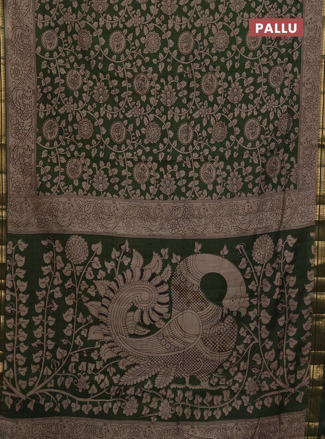 Maheshwari cotton saree green and beige with kalamkari prints and zari woven border
