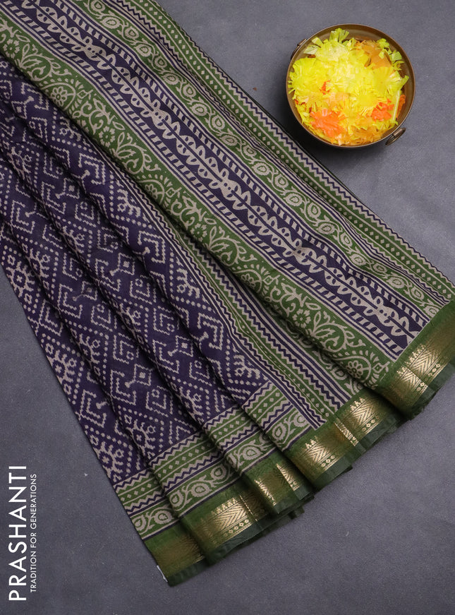 Maheshwari cotton saree navy blue and green with allover ikat prints and zari woven border