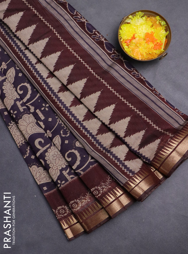 Maheshwari cotton saree deep jamun and maroon with allover prints and zari woven border