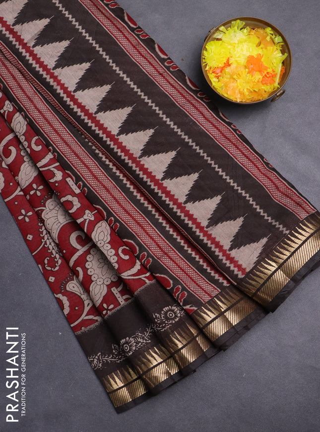 Maheshwari cotton saree maroon and black with allover prints and zari woven border