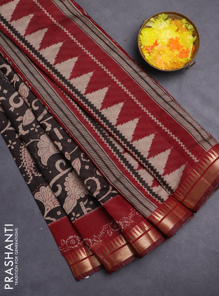 Maheshwari cotton saree coffee brown and maroon with allover prints and zari woven border