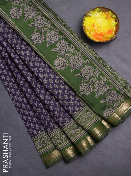 Maheshwari cotton saree navy blue and sap green with allover prints and zari woven border