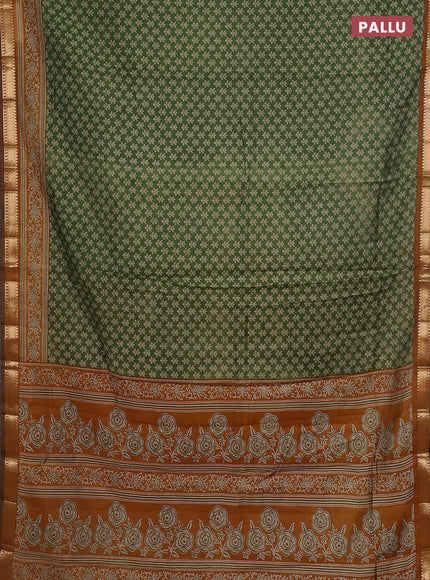 Maheshwari cotton saree sap green and coffee brown with allover prints and zari woven border