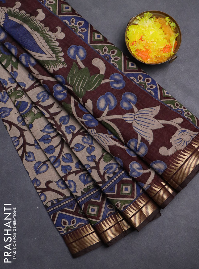 Maheshwari cotton saree beige and coffee brown with allover kalamkari prints and zari woven border