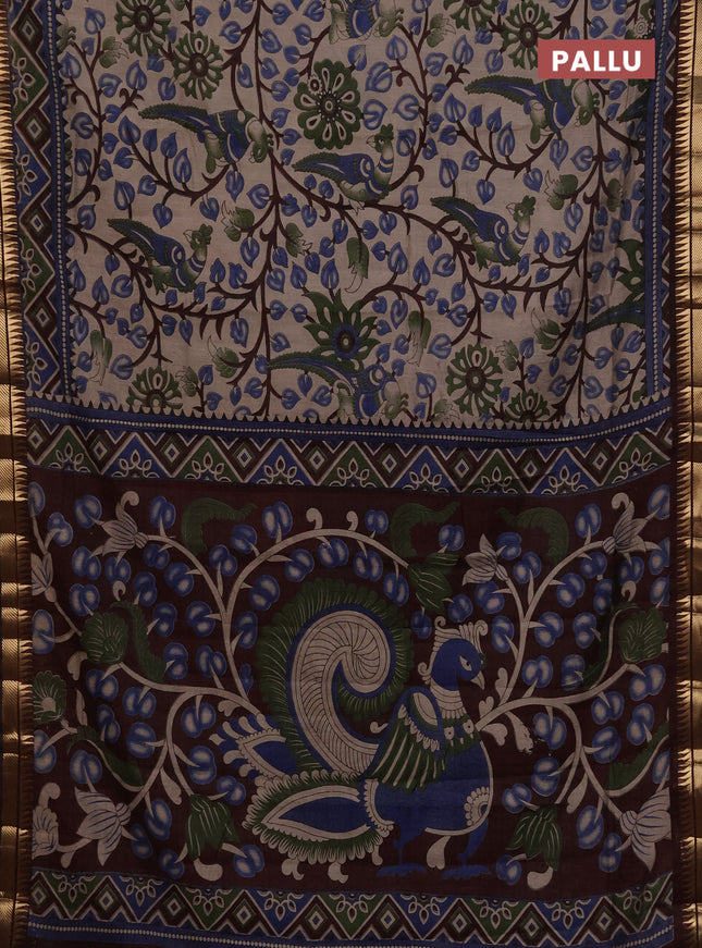 Maheshwari cotton saree beige and coffee brown with allover kalamkari prints and zari woven border