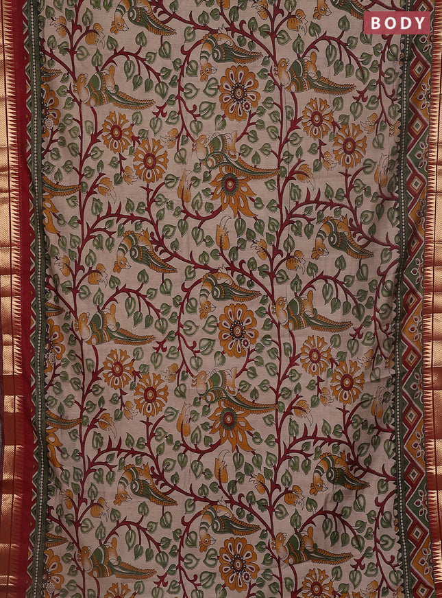 Maheshwari cotton saree beige and maroon with allover kalamkari prints and zari woven border