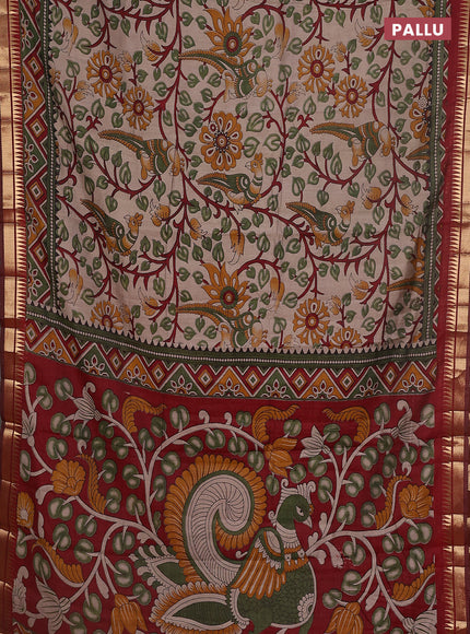 Maheshwari cotton saree beige and maroon with allover kalamkari prints and zari woven border