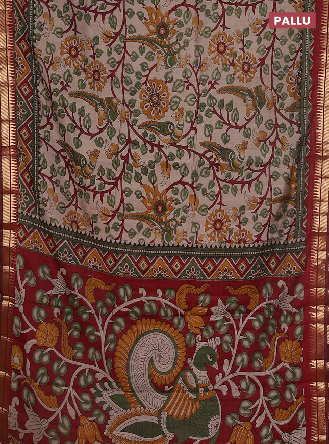 Maheshwari cotton saree beige and maroon with allover kalamkari prints and zari woven border