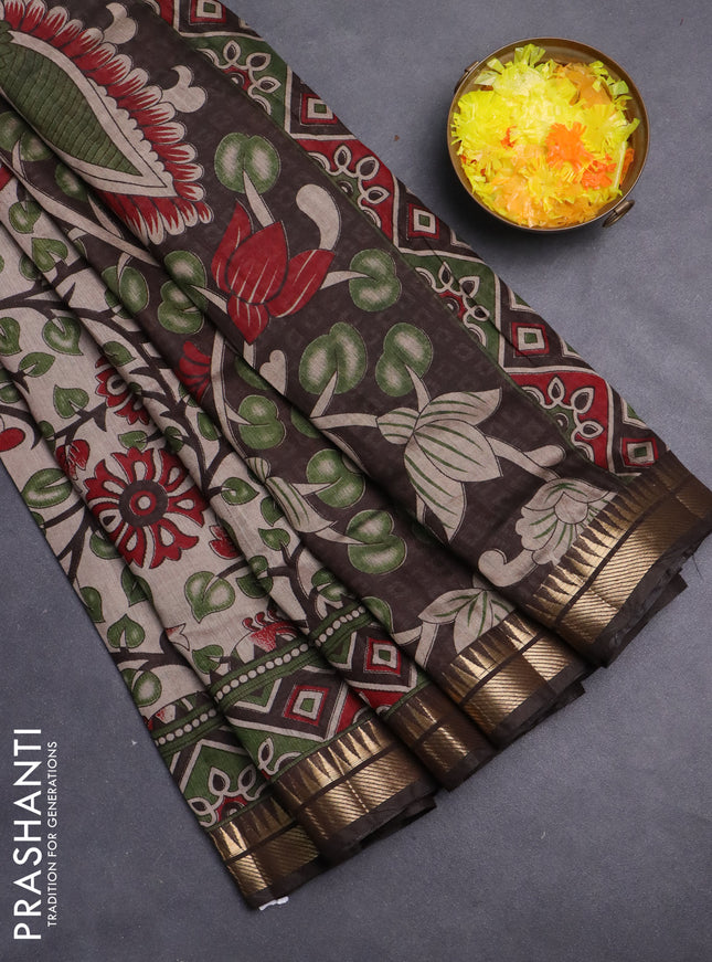 Maheshwari cotton saree beige and black with allover kalamkari prints and zari woven border