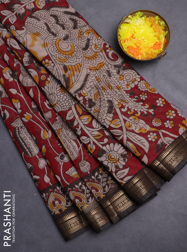 Maheshwari cotton saree maroon and coffee brown with kalamkari prints and zari woven border