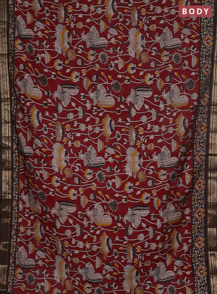 Maheshwari cotton saree maroon and coffee brown with kalamkari prints and zari woven border