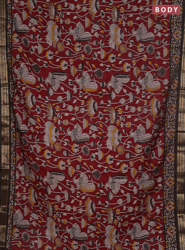 Maheshwari cotton saree maroon and coffee brown with kalamkari prints and zari woven border