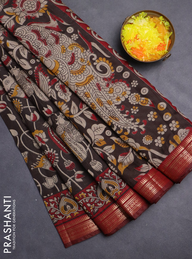 Maheshwari cotton saree coffee brown and maroon with kalamkari prints and zari woven border