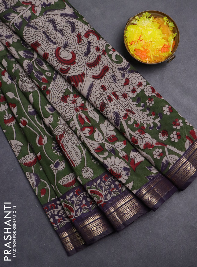 Maheshwari cotton saree sap green and violet with kalamkari prints and zari woven border