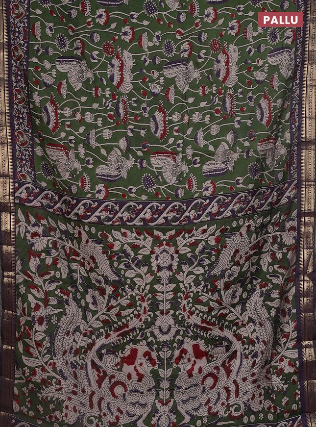 Maheshwari cotton saree sap green and violet with kalamkari prints and zari woven border