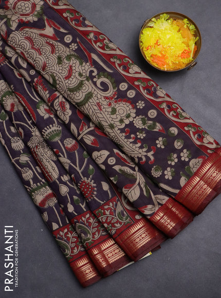 Maheshwari cotton saree deep jamun and maroon with kalamkari prints and zari woven border