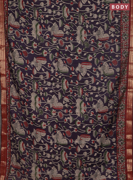 Maheshwari cotton saree deep jamun and maroon with kalamkari prints and zari woven border