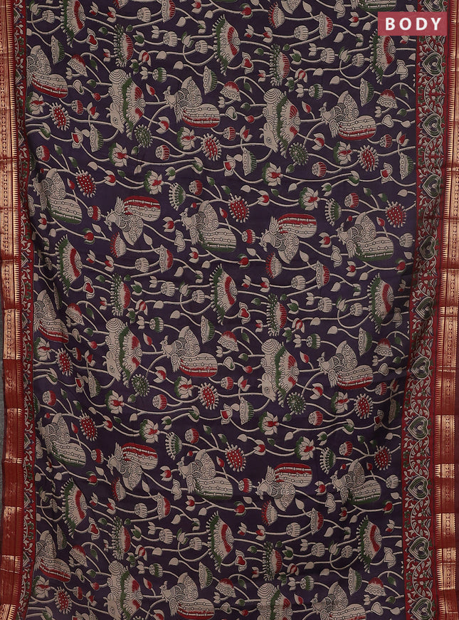 Maheshwari cotton saree deep jamun and maroon with kalamkari prints and zari woven border