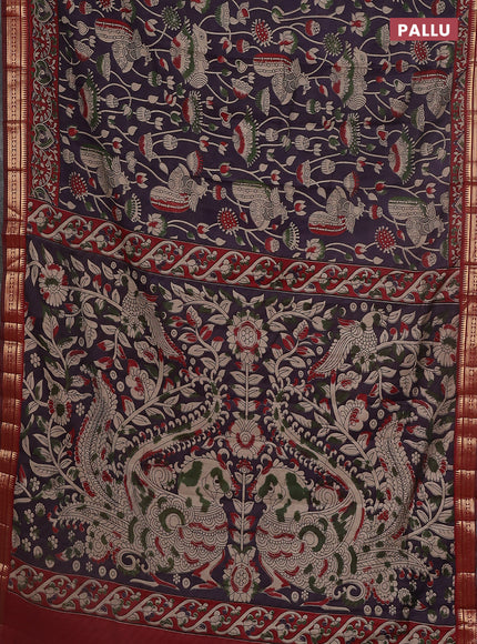 Maheshwari cotton saree deep jamun and maroon with kalamkari prints and zari woven border