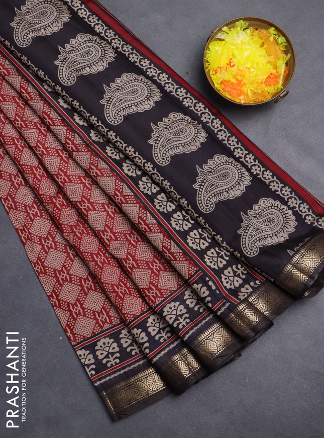 Maheshwari cotton saree maroon and navy blue with allover prints and zari woven border