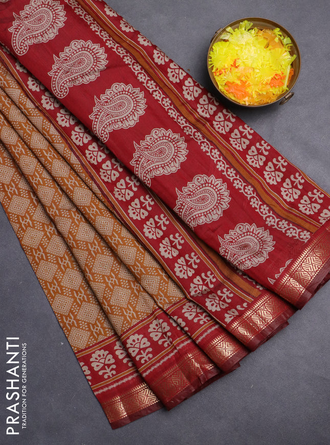 Maheshwari cotton saree mustard yellow and maroon with allover prints and zari woven border