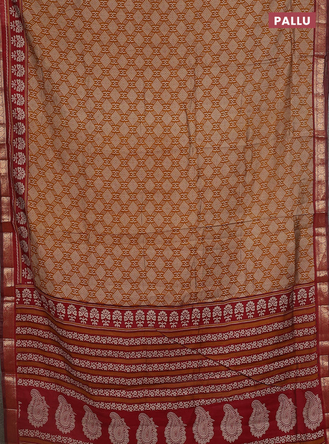 Maheshwari cotton saree mustard yellow and maroon with allover prints and zari woven border