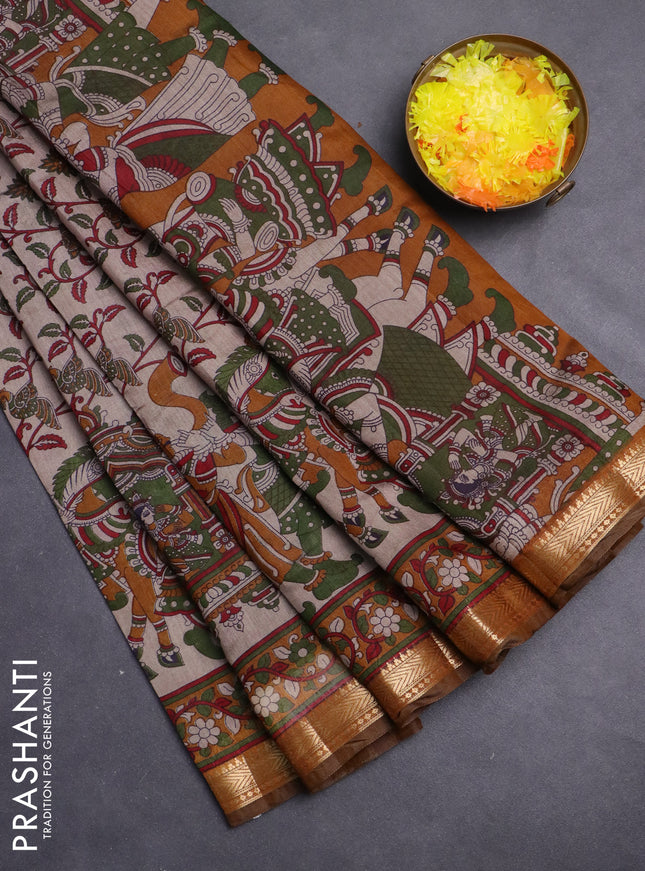 Maheshwari cotton saree beige and dark mustard with allover kalamkari prints and zari woven border