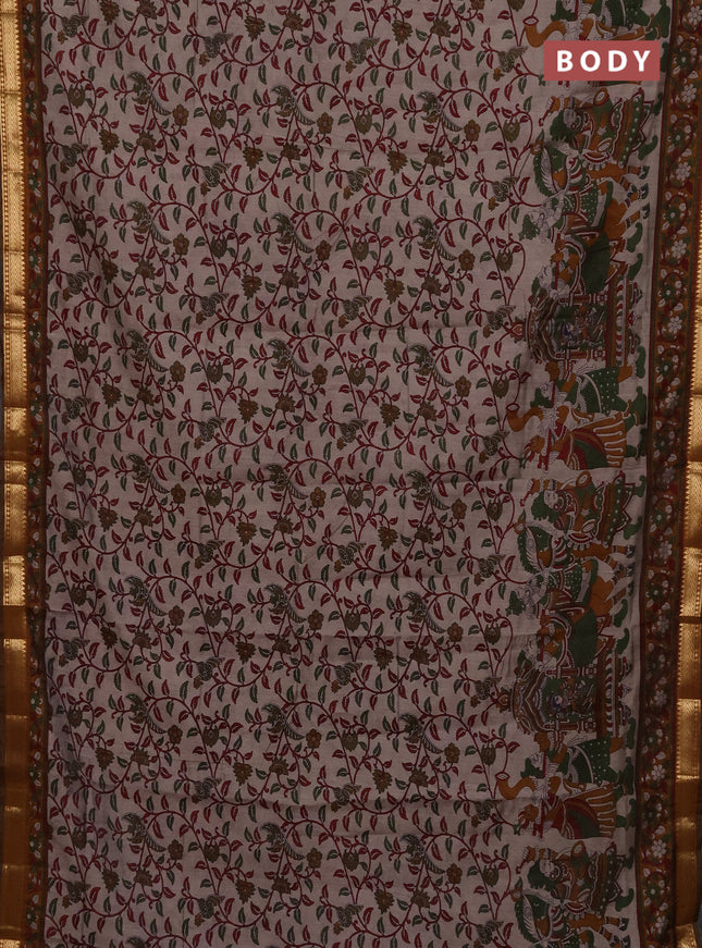 Maheshwari cotton saree beige and dark mustard with allover kalamkari prints and zari woven border