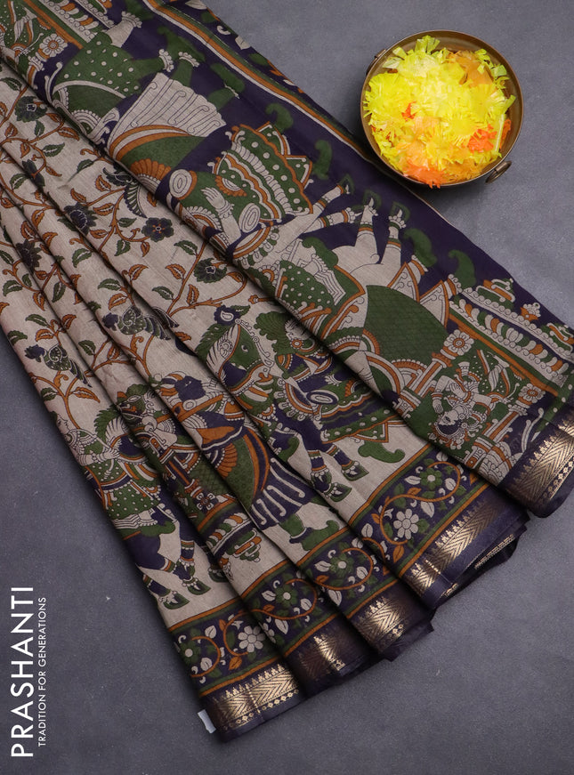 Maheshwari cotton saree beige and navy blue with allover kalamkari prints and zari woven border