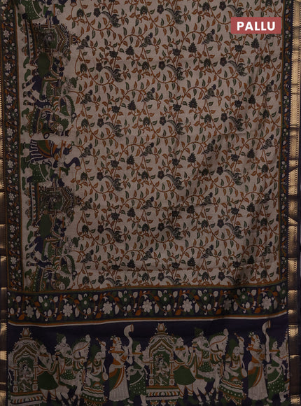 Maheshwari cotton saree beige and navy blue with allover kalamkari prints and zari woven border