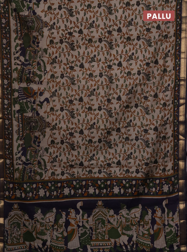 Maheshwari cotton saree beige and navy blue with allover kalamkari prints and zari woven border