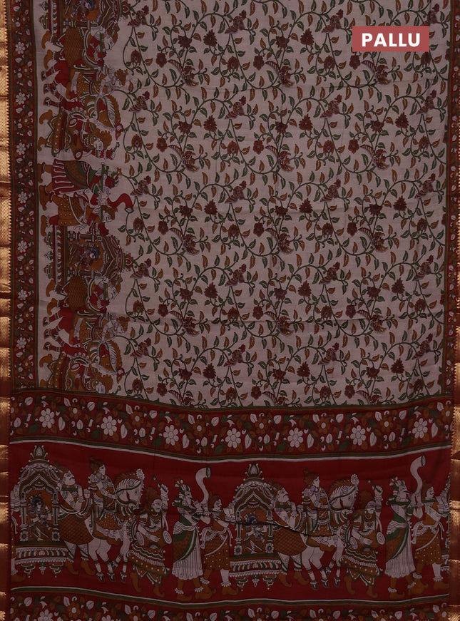 Maheshwari cotton saree beige and maroon with allover kalamkari prints and zari woven border