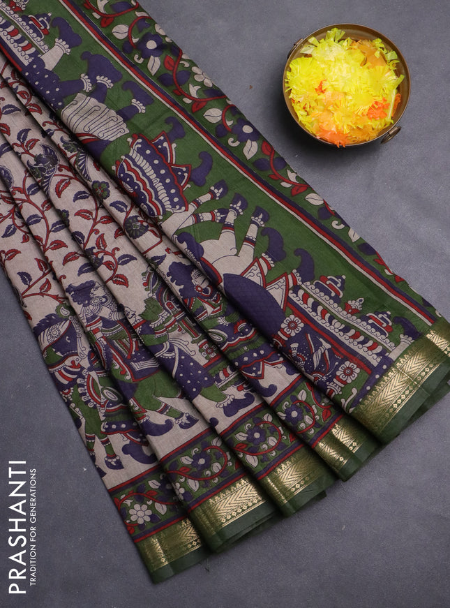 Maheshwari cotton saree beige and sap green with allover kalamkari prints and zari woven border