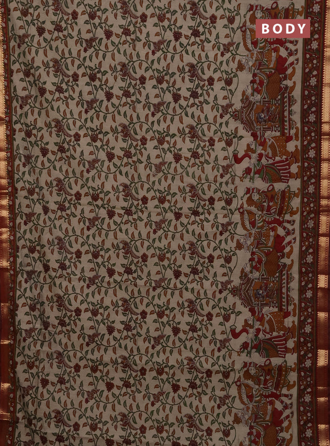 Maheshwari cotton saree beige and maroon with kalamkari prints and zari woven border