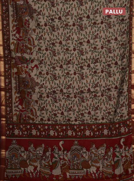 Maheshwari cotton saree beige and maroon with kalamkari prints and zari woven border