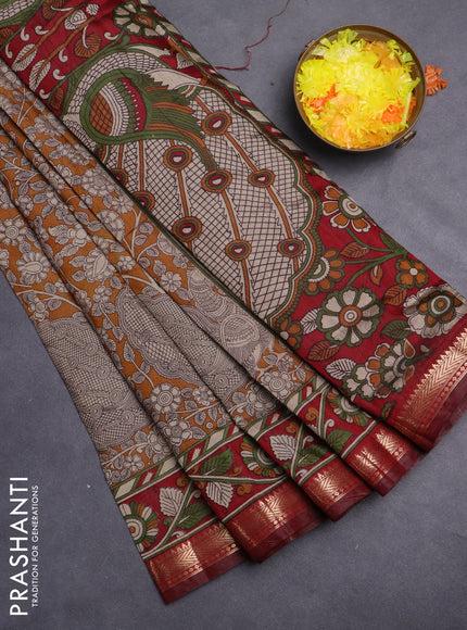 Maheshwari cotton saree mustard yellow and maroon with allover flower prints and zari woven border