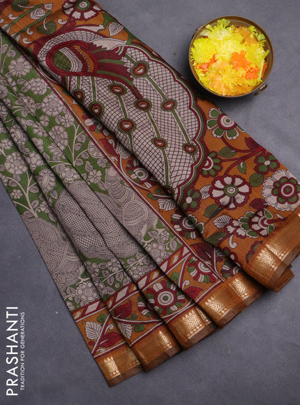 Maheshwari cotton saree sap green and coffee brown with allover flower prints and zari woven border