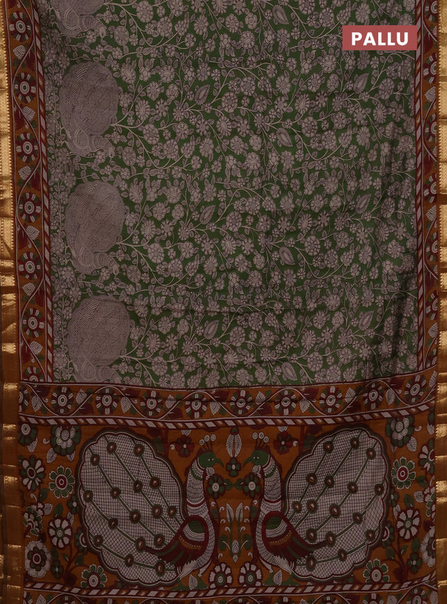 Maheshwari cotton saree sap green and coffee brown with allover flower prints and zari woven border