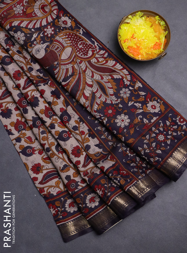 Maheshwari cotton saree beige and navy blue with allover kalamkari prints and zari woven border
