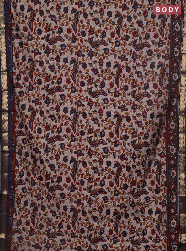 Maheshwari cotton saree beige and navy blue with allover kalamkari prints and zari woven border