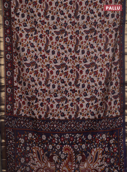 Maheshwari cotton saree beige and navy blue with allover kalamkari prints and zari woven border