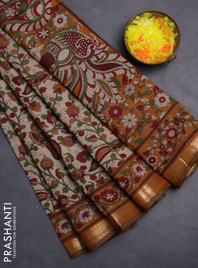 Maheshwari cotton saree beige and dark mustard with allover kalamkari prints and zari woven border