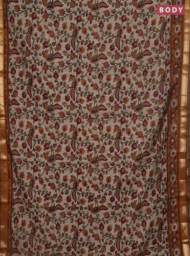 Maheshwari cotton saree beige and dark mustard with allover kalamkari prints and zari woven border