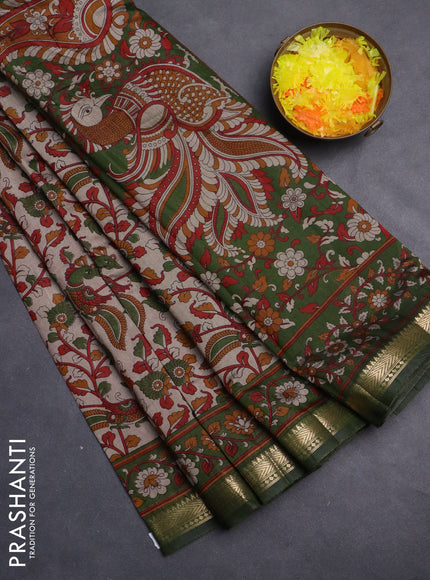 Maheshwari cotton saree beige and sap green with allover kalamkari prints and zari woven border